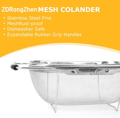ZDRongZhen Kitchen Accessories Over the Sink Colander Strainer Basket，Stainless Steel Colander with Expandable Rubber Grip Sink Drainer-Rinse Vegetables Fruits &Strain&Drain (Medium-grid)