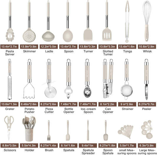 Kitchen Utensils Set-Silicone Cooking Utensils-33pcs Non-Stick Silicone Cooking Kitchen Utensils Spatula Set with Holder-Best Kitchen Cookware with Stainless Steel Handle (Khaki)
