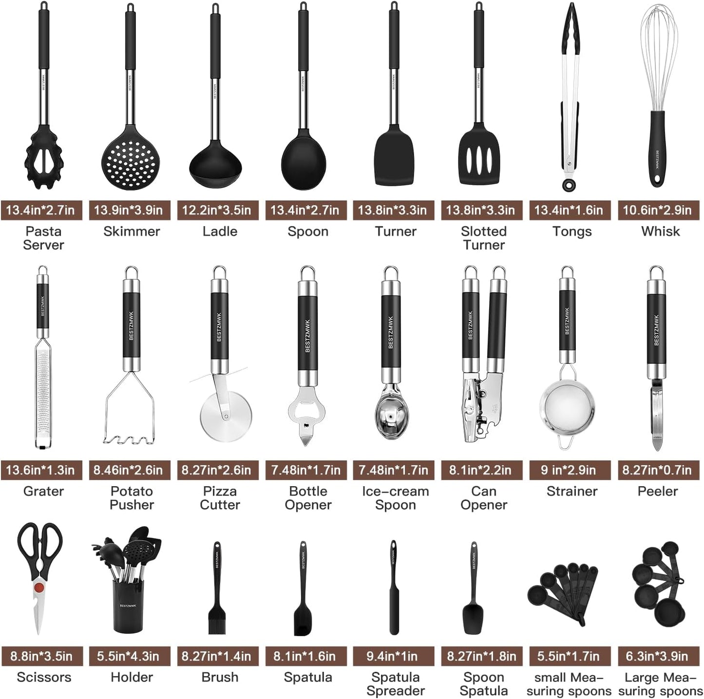 Kitchen Utensils Set-Silicone Cooking Utensils-33pcs Non-Stick Silicone Cooking Kitchen Utensils Spatula Set with Holder-Best Kitchen Cookware with Stainless Steel Handle (Khaki)