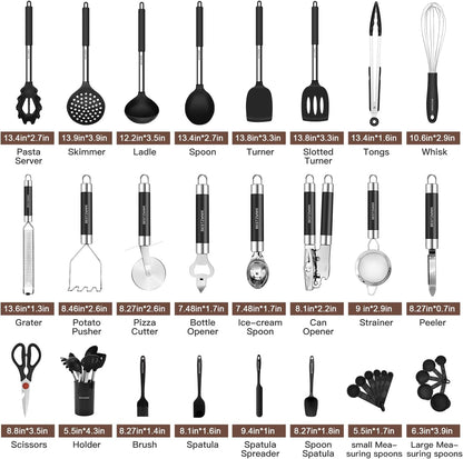 Kitchen Utensils Set-Silicone Cooking Utensils-33pcs Non-Stick Silicone Cooking Kitchen Utensils Spatula Set with Holder-Best Kitchen Cookware with Stainless Steel Handle (Khaki)