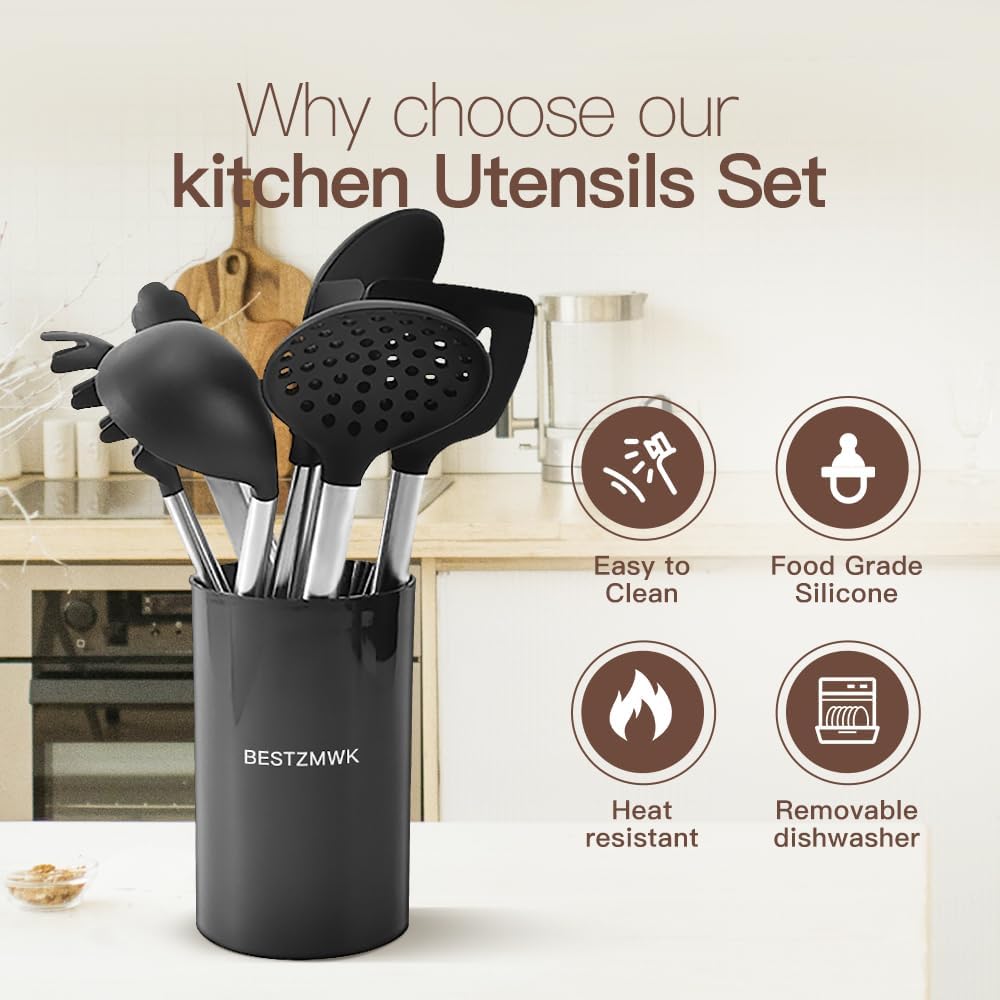 Kitchen Utensils Set-Silicone Cooking Utensils-33pcs Non-Stick Silicone Cooking Kitchen Utensils Spatula Set with Holder-Best Kitchen Cookware with Stainless Steel Handle (Khaki)