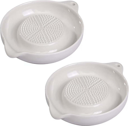 2 Pcs White Ceramic Grater Plate for Ginger, Garlic, Onion, Cheese, Lemon, Chocolate, Vegetables and Fruits for Kitchen (2 Pcs, White)
