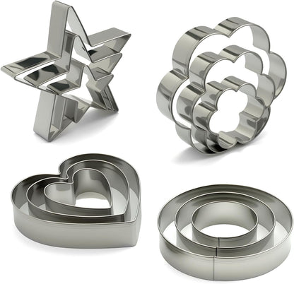 Metal Cookie Cutters Set of 12 - Heart, Flower, Round, Star Shapes | Stainless Steel, Small to Mini Size, Metal Biscuit Cutter Molds for Sugar Cookie Baking or Holiday Party Decorations