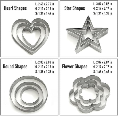 Metal Cookie Cutters Set of 12 - Heart, Flower, Round, Star Shapes | Stainless Steel, Small to Mini Size, Metal Biscuit Cutter Molds for Sugar Cookie Baking or Holiday Party Decorations
