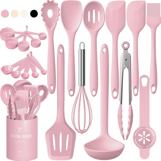 22-Piece Silicone Cooking Utensils Set, Heat Resistant & Dishwasher Safe Kitchen Tools, Non-Scratch Spatula Set for Nonstick Cookware (Pink)