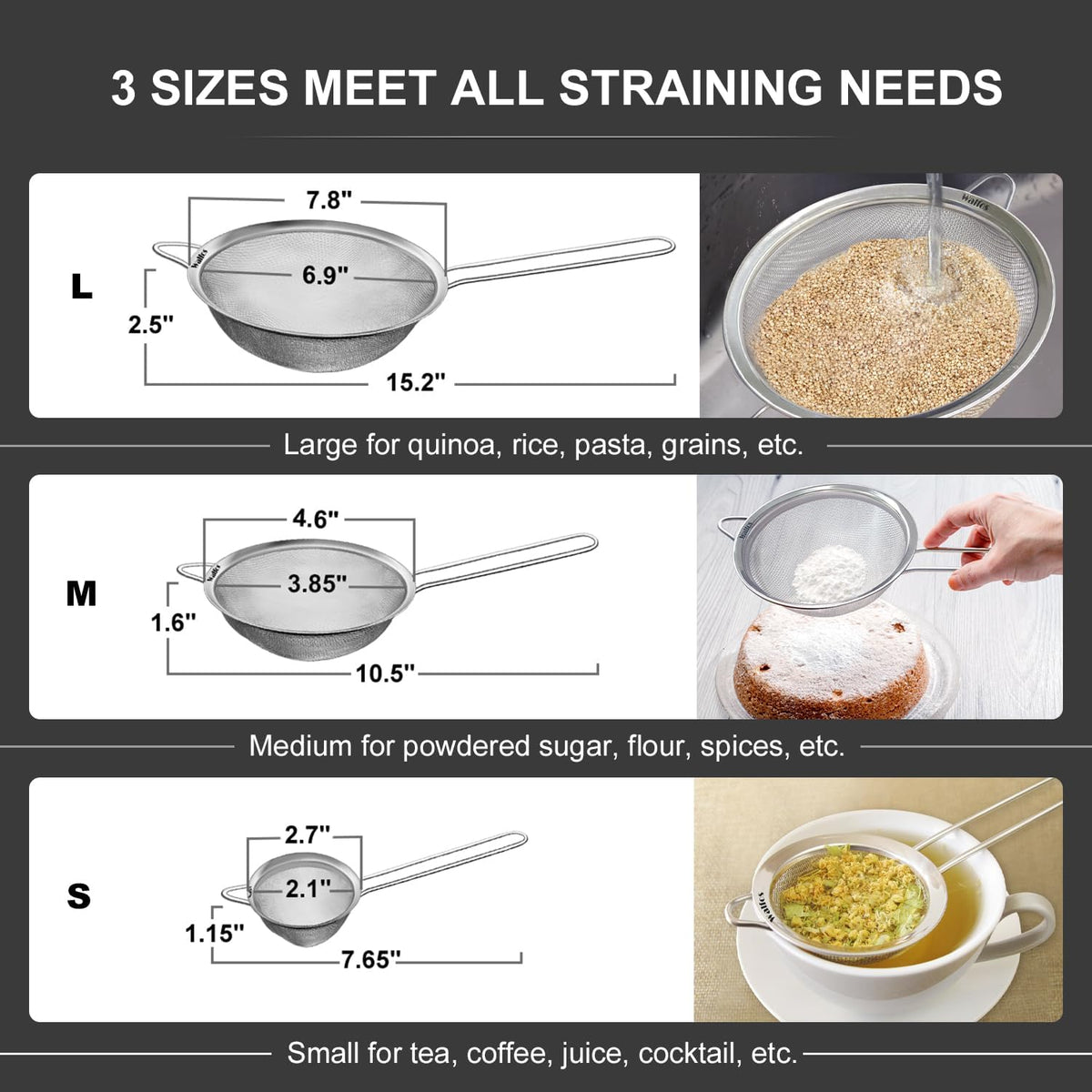 Fine Mesh Strainers Set, Premium Stainless Steel Colanders and Sifters, with Reinforced Frame Sturdy Handle, Perfect for Sift, Strain, Drain Rinse Vegetables, Pastas Tea - 3 Sizes