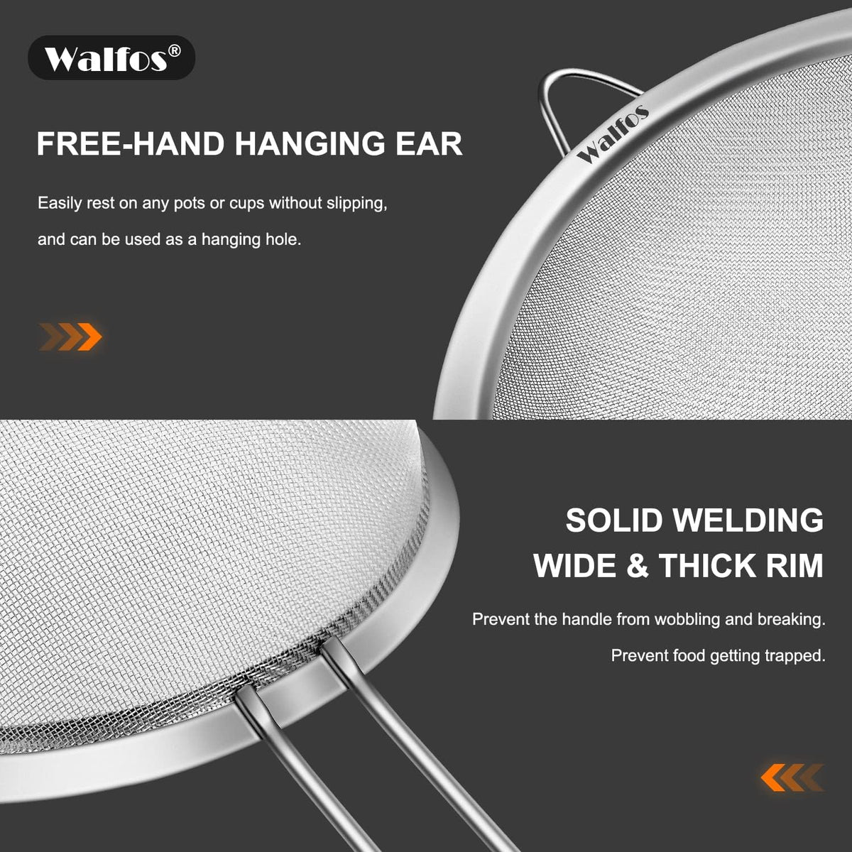 Fine Mesh Strainers Set, Premium Stainless Steel Colanders and Sifters, with Reinforced Frame Sturdy Handle, Perfect for Sift, Strain, Drain Rinse Vegetables, Pastas Tea - 3 Sizes