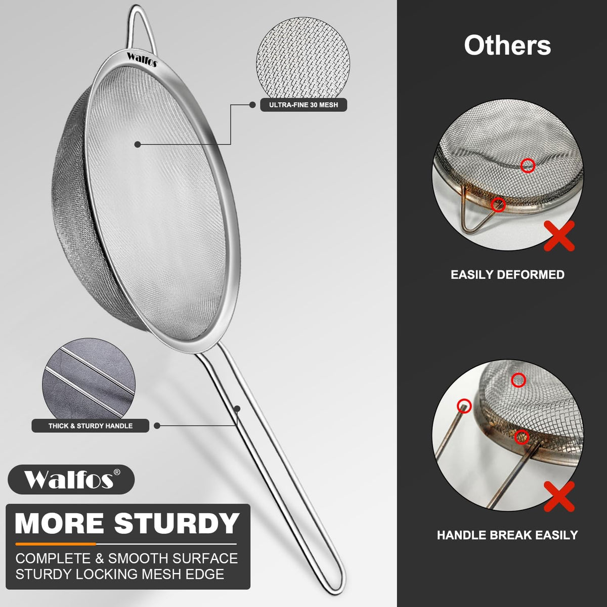 Fine Mesh Strainers Set, Premium Stainless Steel Colanders and Sifters, with Reinforced Frame Sturdy Handle, Perfect for Sift, Strain, Drain Rinse Vegetables, Pastas Tea - 3 Sizes