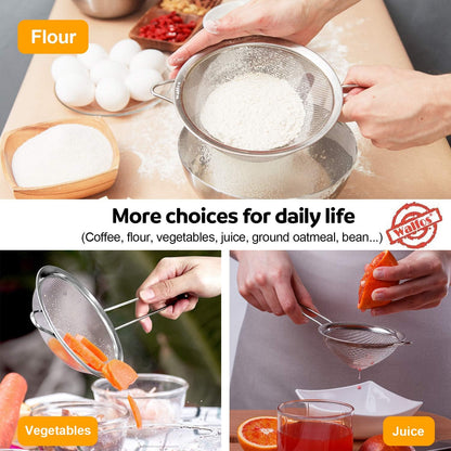 Fine Mesh Strainers Set, Premium Stainless Steel Colanders and Sifters, with Reinforced Frame Sturdy Handle, Perfect for Sift, Strain, Drain Rinse Vegetables, Pastas Tea - 3 Sizes