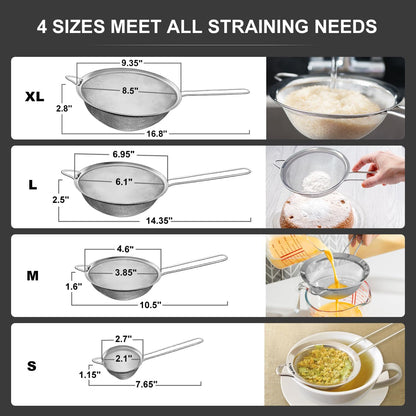 Fine Mesh Strainers Set, Premium Stainless Steel Colanders and Sifters, with Reinforced Frame Sturdy Handle, Perfect for Sift, Strain, Drain Rinse Vegetables, Pastas Tea - 3 Sizes