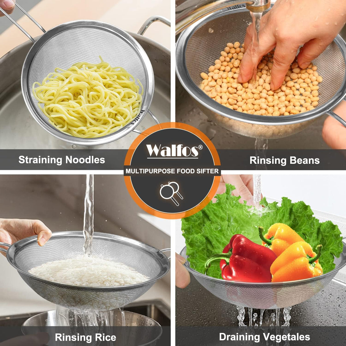 Fine Mesh Strainers Set, Premium Stainless Steel Colanders and Sifters, with Reinforced Frame Sturdy Handle, Perfect for Sift, Strain, Drain Rinse Vegetables, Pastas Tea - 3 Sizes