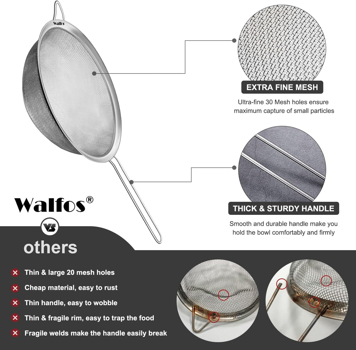 Fine Mesh Strainers Set, Premium Stainless Steel Colanders and Sifters, with Reinforced Frame Sturdy Handle, Perfect for Sift, Strain, Drain Rinse Vegetables, Pastas Tea - 3 Sizes