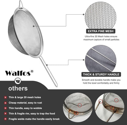 Fine Mesh Strainers Set, Premium Stainless Steel Colanders and Sifters, with Reinforced Frame Sturdy Handle, Perfect for Sift, Strain, Drain Rinse Vegetables, Pastas Tea - 3 Sizes