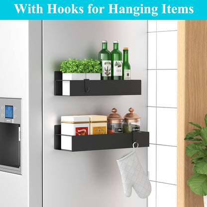 Metal Magnetic Spice Rack for Refrigerator Black, 4 Pack | Magnetic Shelves Heavy Duty for Fridge in Kitchen, Seasoning Storage Organizer, For Oven Washer and Dryer, For Heavier Items