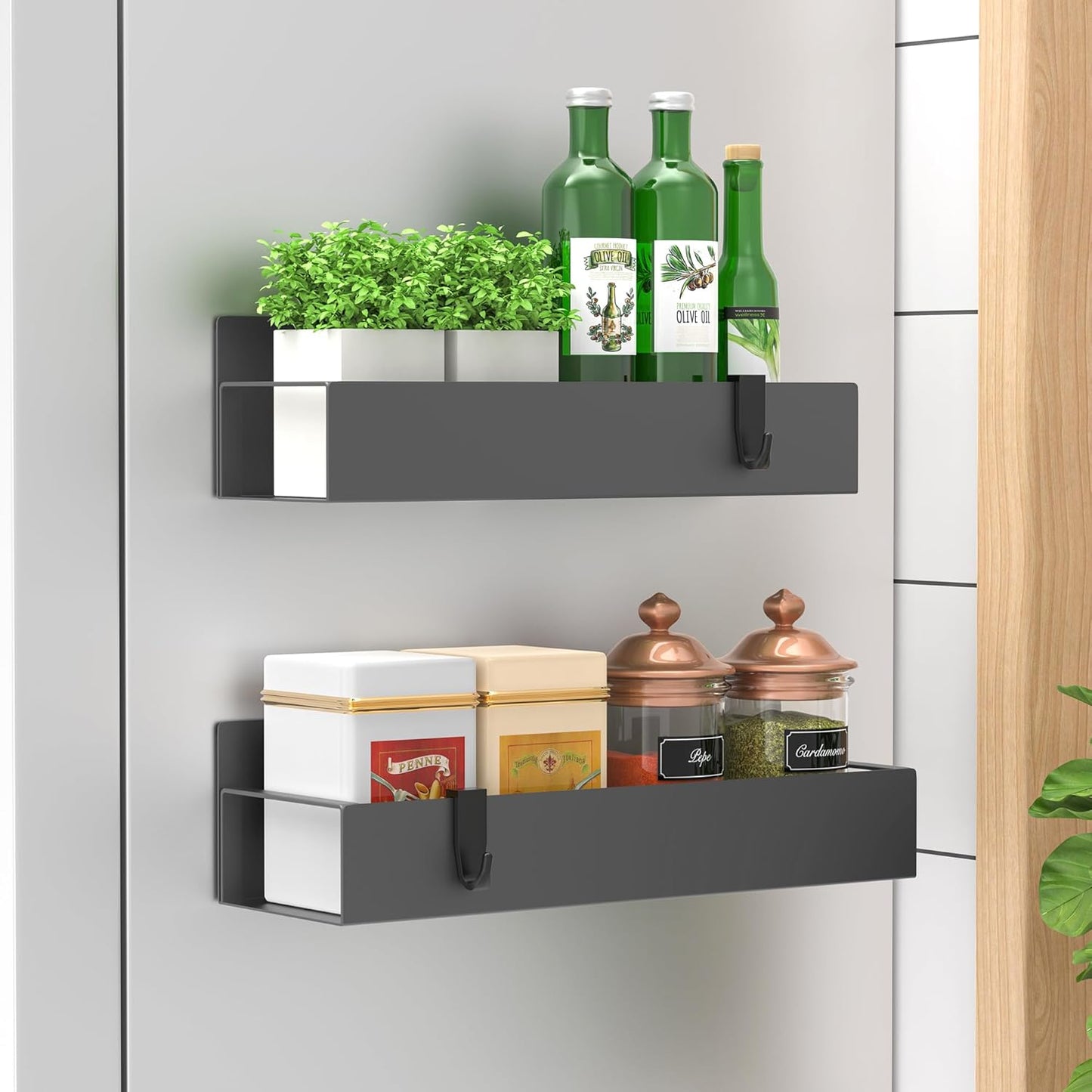Metal Magnetic Spice Rack for Refrigerator Black, 4 Pack | Magnetic Shelves Heavy Duty for Fridge in Kitchen, Seasoning Storage Organizer, For Oven Washer and Dryer, For Heavier Items