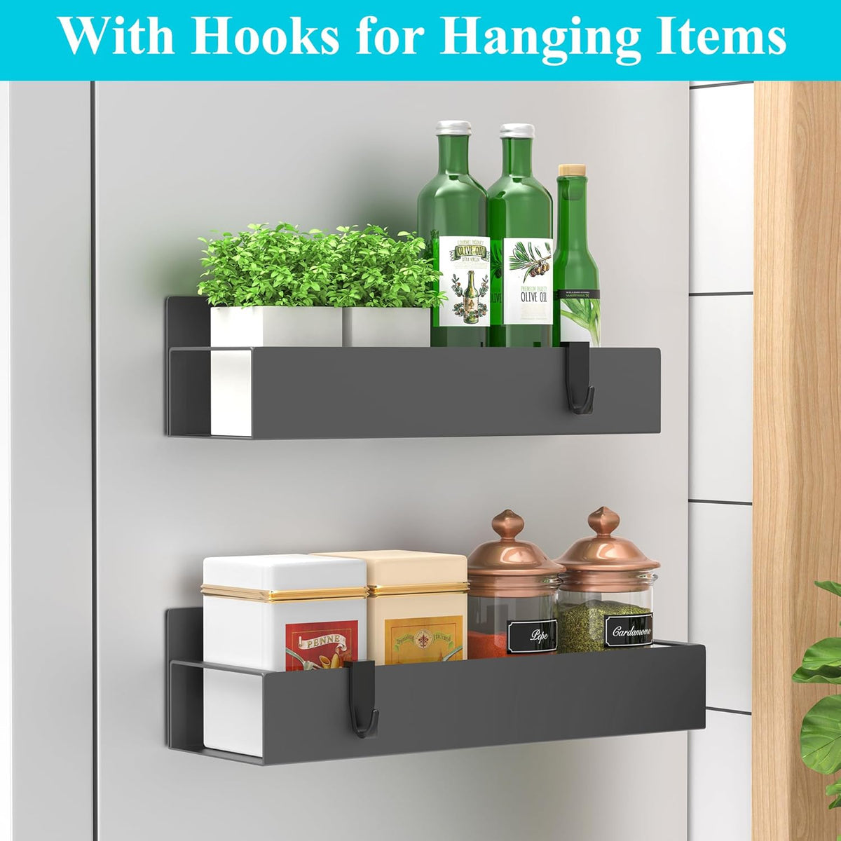 Metal Magnetic Spice Rack for Refrigerator Black, 4 Pack | Magnetic Shelves Heavy Duty for Fridge in Kitchen, Seasoning Storage Organizer, For Oven Washer and Dryer, For Heavier Items