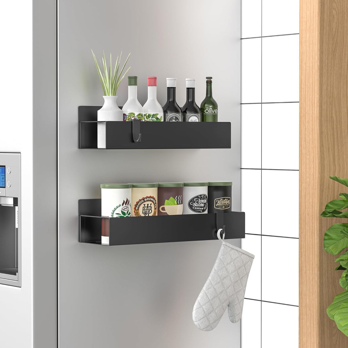 Metal Magnetic Spice Rack for Refrigerator Black, 4 Pack | Magnetic Shelves Heavy Duty for Fridge in Kitchen, Seasoning Storage Organizer, For Oven Washer and Dryer, For Heavier Items