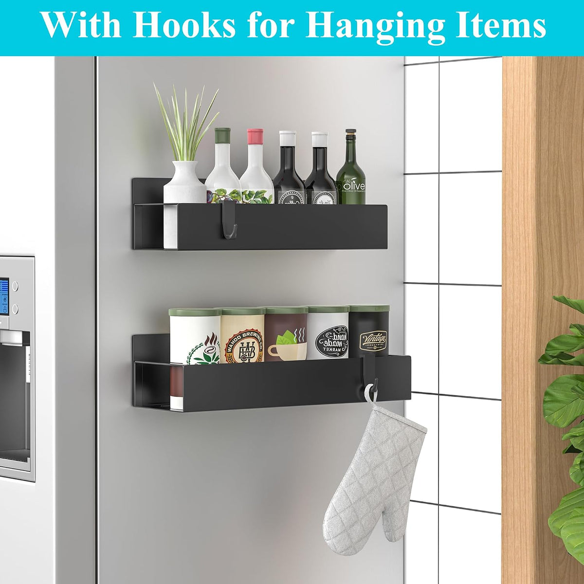 Metal Magnetic Spice Rack for Refrigerator Black, 4 Pack | Magnetic Shelves Heavy Duty for Fridge in Kitchen, Seasoning Storage Organizer, For Oven Washer and Dryer, For Heavier Items