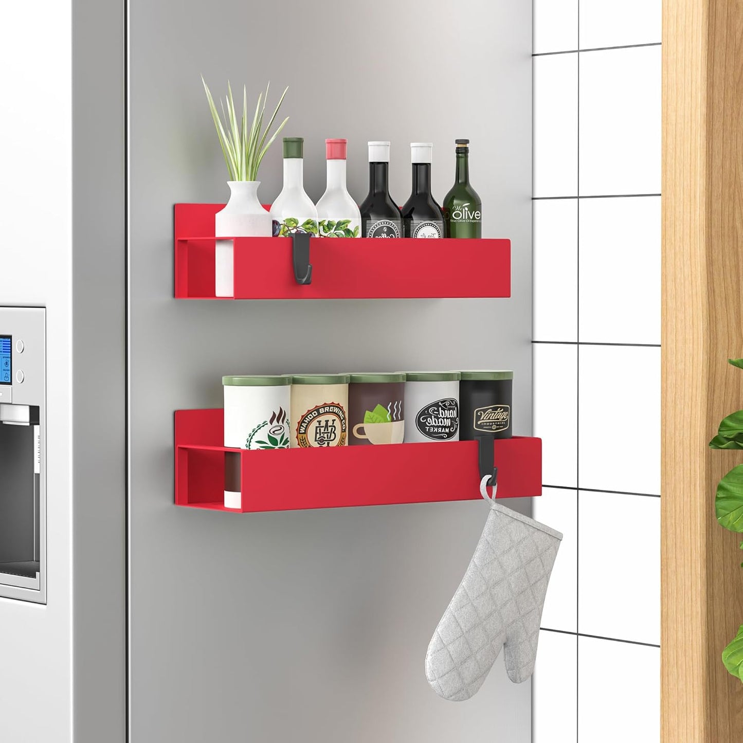 Metal Magnetic Spice Rack for Refrigerator Black, 4 Pack | Magnetic Shelves Heavy Duty for Fridge in Kitchen, Seasoning Storage Organizer, For Oven Washer and Dryer, For Heavier Items