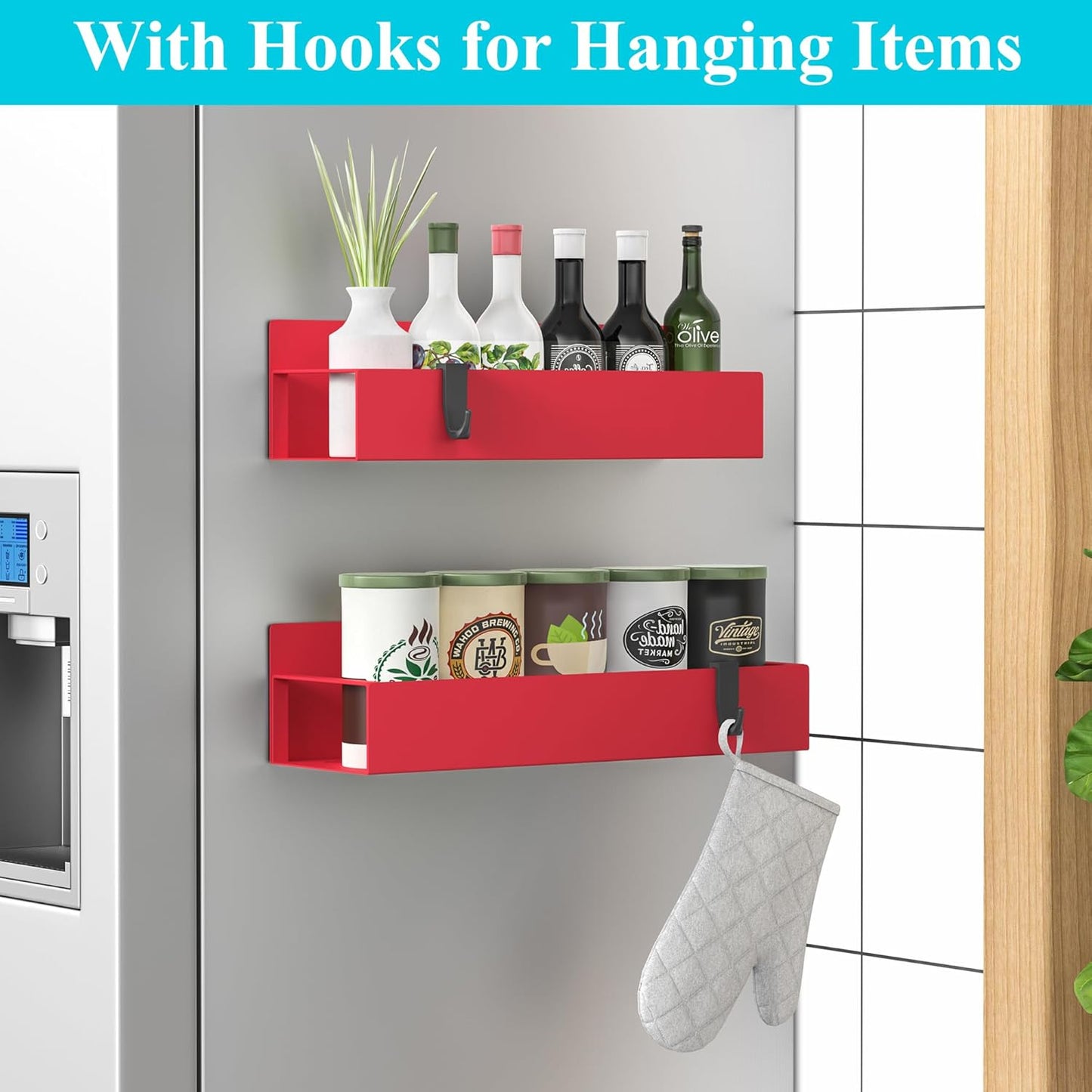 Metal Magnetic Spice Rack for Refrigerator Black, 4 Pack | Magnetic Shelves Heavy Duty for Fridge in Kitchen, Seasoning Storage Organizer, For Oven Washer and Dryer, For Heavier Items