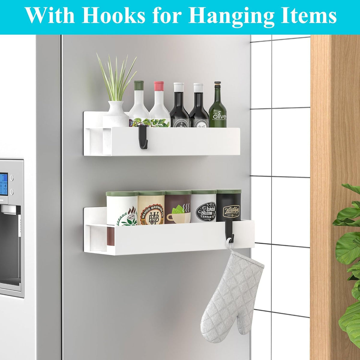 Metal Magnetic Spice Rack for Refrigerator Black, 4 Pack | Magnetic Shelves Heavy Duty for Fridge in Kitchen, Seasoning Storage Organizer, For Oven Washer and Dryer, For Heavier Items