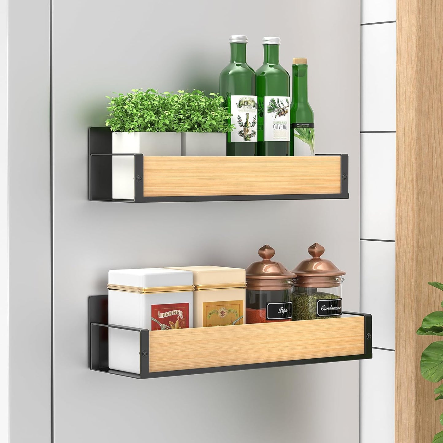 Metal Magnetic Spice Rack for Refrigerator Black, 4 Pack | Magnetic Shelves Heavy Duty for Fridge in Kitchen, Seasoning Storage Organizer, For Oven Washer and Dryer, For Heavier Items