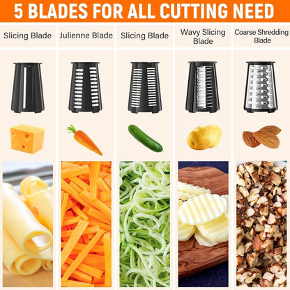 Rotary Cheese Grater Hand Crank, 5-in-1 Vegetable Chopper Spiralizer Slicer