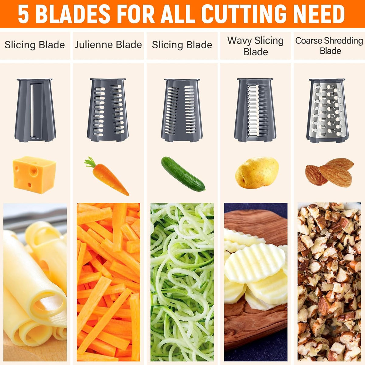 Rotary Cheese Grater Hand Crank, 5-in-1 Vegetable Chopper Spiralizer Slicer