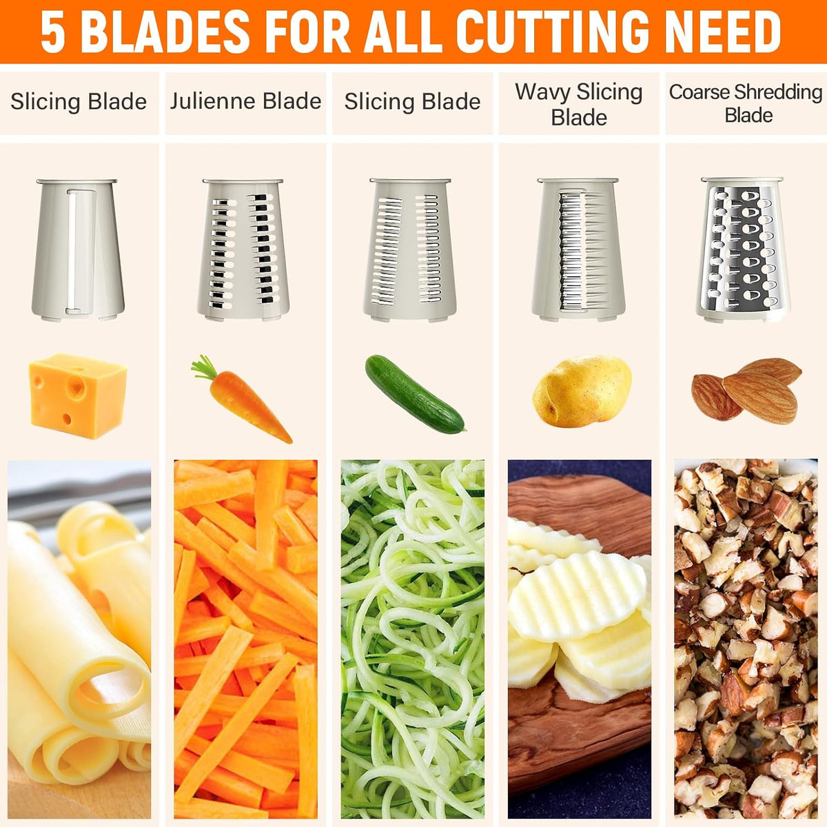 Rotary Cheese Grater Hand Crank, 5-in-1 Vegetable Chopper Spiralizer Slicer