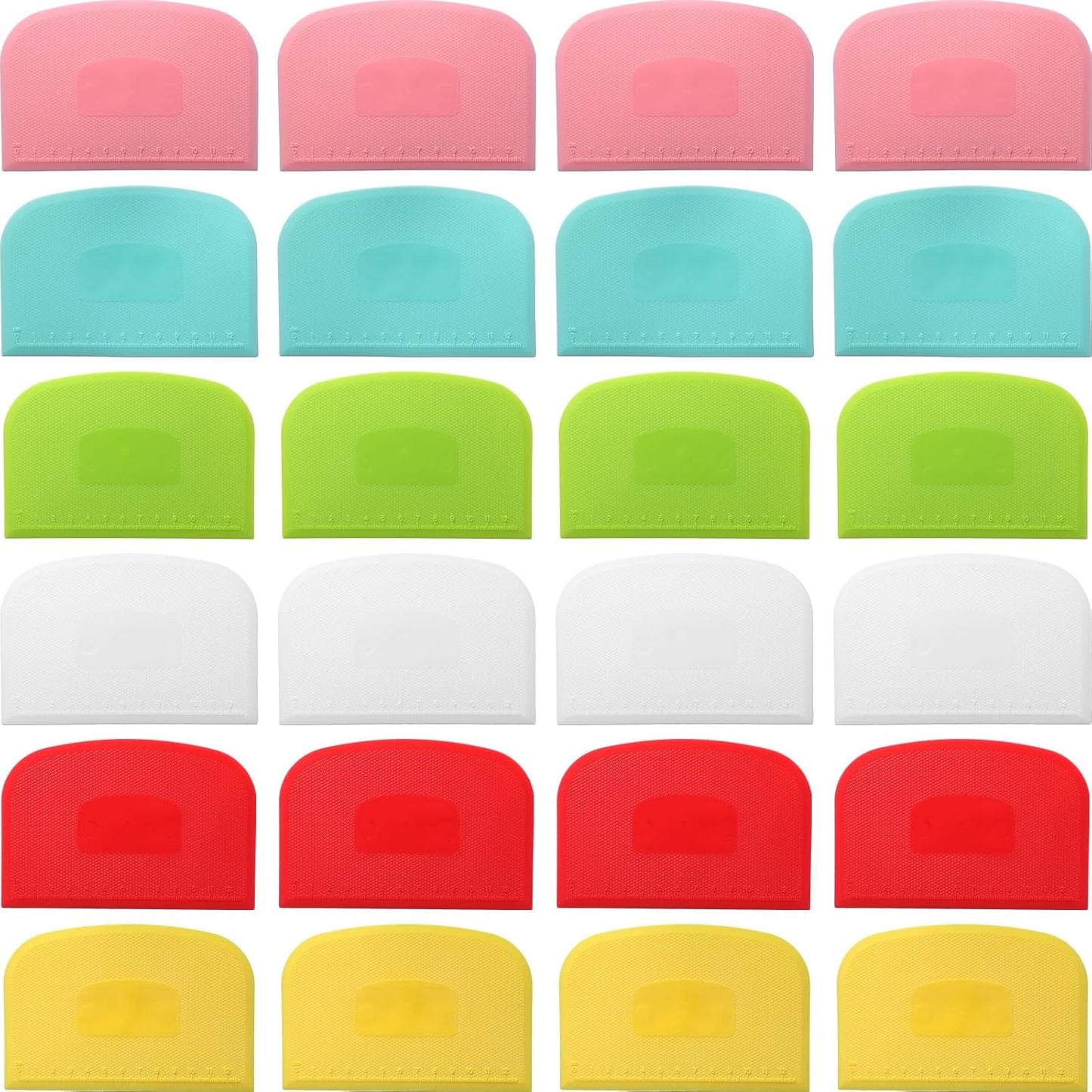 24 Pcs Plastic Bench Scraper with Scale Flexible Dough Multipurpose Cake Cutter Pizza Dough Spatula Food Scraper Tool Gift for Bread Pastry Fondant Icing, 6 Colors
