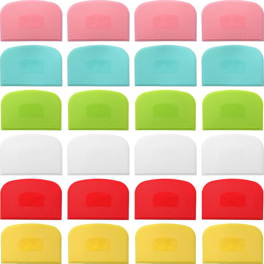 24 Pcs Plastic Bench Scraper with Scale Flexible Dough Multipurpose Cake Cutter Pizza Dough Spatula Food Scraper Tool Gift for Bread Pastry Fondant Icing, 6 Colors