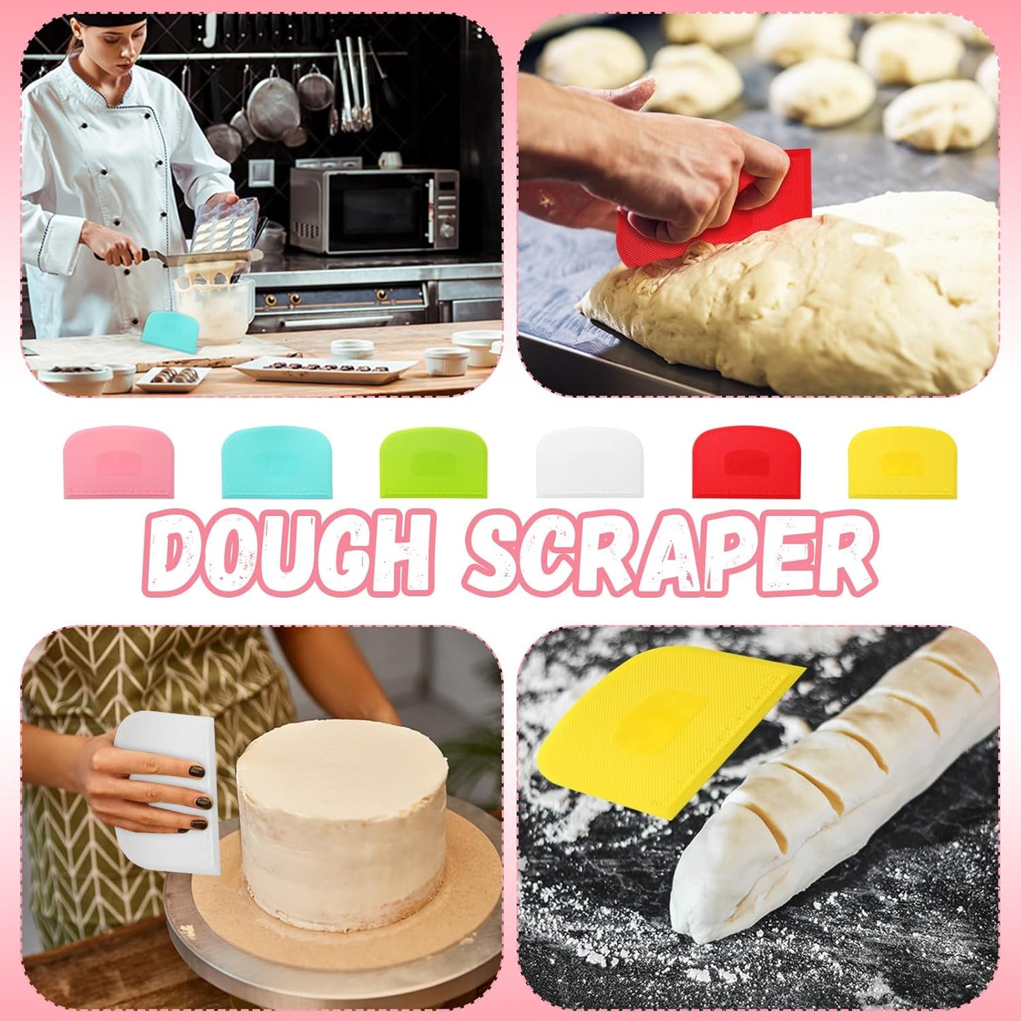 24 Pcs Plastic Bench Scraper with Scale Flexible Dough Multipurpose Cake Cutter Pizza Dough Spatula Food Scraper Tool Gift for Bread Pastry Fondant Icing, 6 Colors
