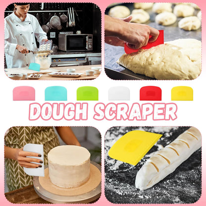 24 Pcs Plastic Bench Scraper with Scale Flexible Dough Multipurpose Cake Cutter Pizza Dough Spatula Food Scraper Tool Gift for Bread Pastry Fondant Icing, 6 Colors