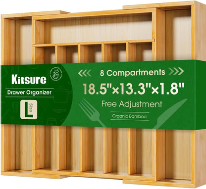Silverware Organizer, Bamboo Kitchen Drawer Tray, Natural, Large | Expandable Drawer Kitchen Organizer, Cooking Utensils & Cutlery, Sturdy & Thickened Design, Storage Solution