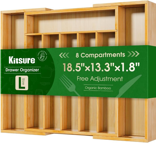 Silverware Organizer, Bamboo Kitchen Drawer Tray, Natural, Large | Expandable Drawer Kitchen Organizer, Cooking Utensils & Cutlery, Sturdy & Thickened Design, Storage Solution