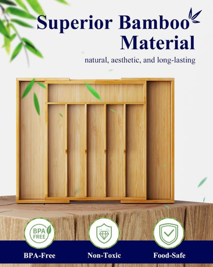 Silverware Organizer, Bamboo Kitchen Drawer Tray, Natural, Large | Expandable Drawer Kitchen Organizer, Cooking Utensils & Cutlery, Sturdy & Thickened Design, Storage Solution
