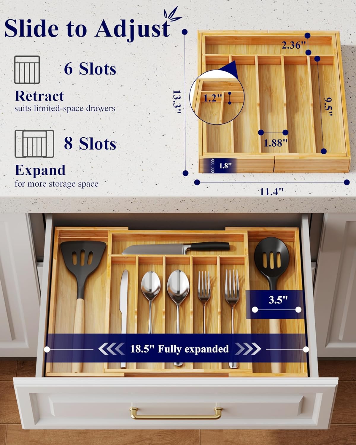 Silverware Organizer, Bamboo Kitchen Drawer Tray, Natural, Large | Expandable Drawer Kitchen Organizer, Cooking Utensils & Cutlery, Sturdy & Thickened Design, Storage Solution