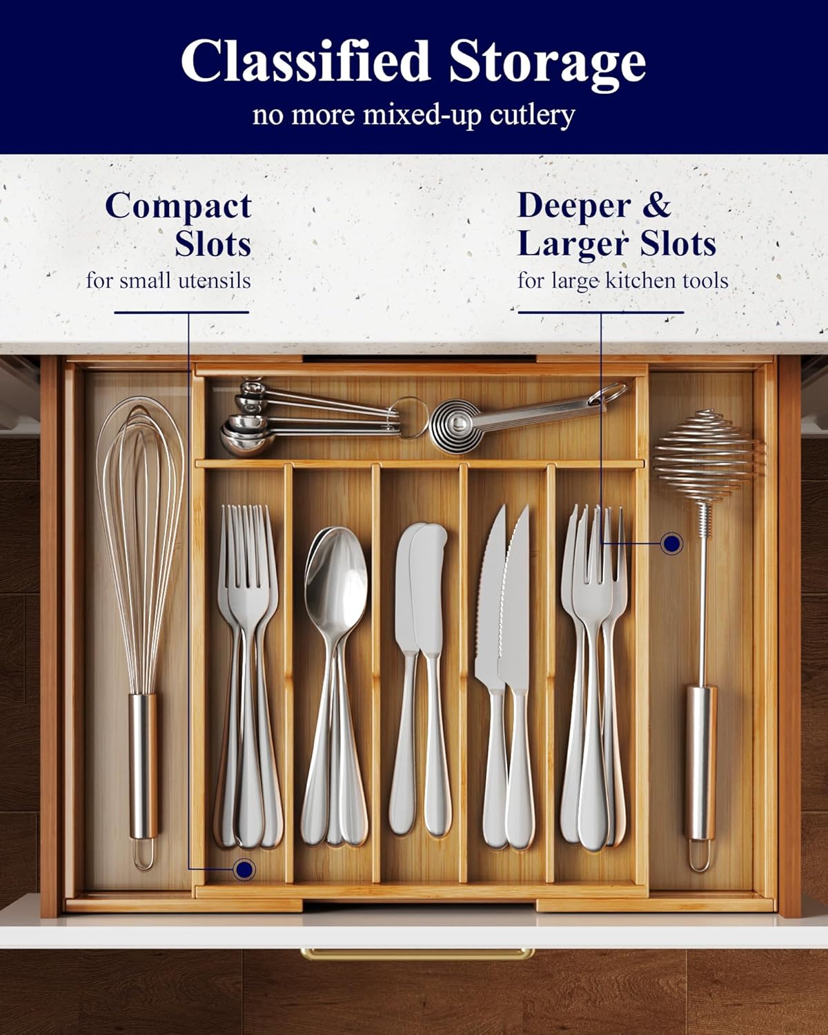 Silverware Organizer, Bamboo Kitchen Drawer Tray, Natural, Large | Expandable Drawer Kitchen Organizer, Cooking Utensils & Cutlery, Sturdy & Thickened Design, Storage Solution