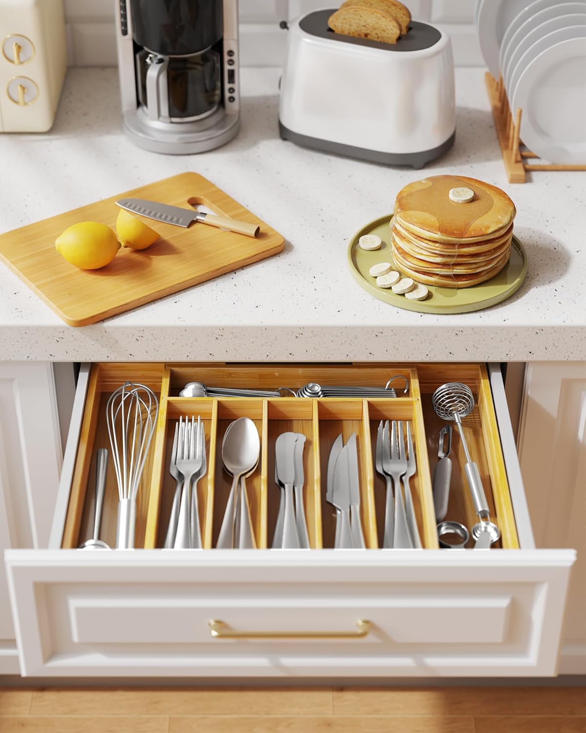 Silverware Organizer, Bamboo Kitchen Drawer Tray, Natural, Large | Expandable Drawer Kitchen Organizer, Cooking Utensils & Cutlery, Sturdy & Thickened Design, Storage Solution