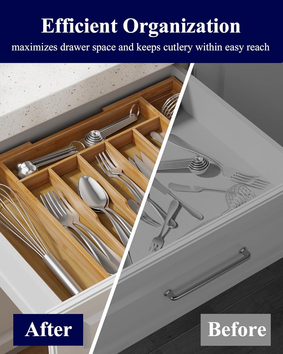 Silverware Organizer, Bamboo Kitchen Drawer Tray, Natural, Large | Expandable Drawer Kitchen Organizer, Cooking Utensils & Cutlery, Sturdy & Thickened Design, Storage Solution