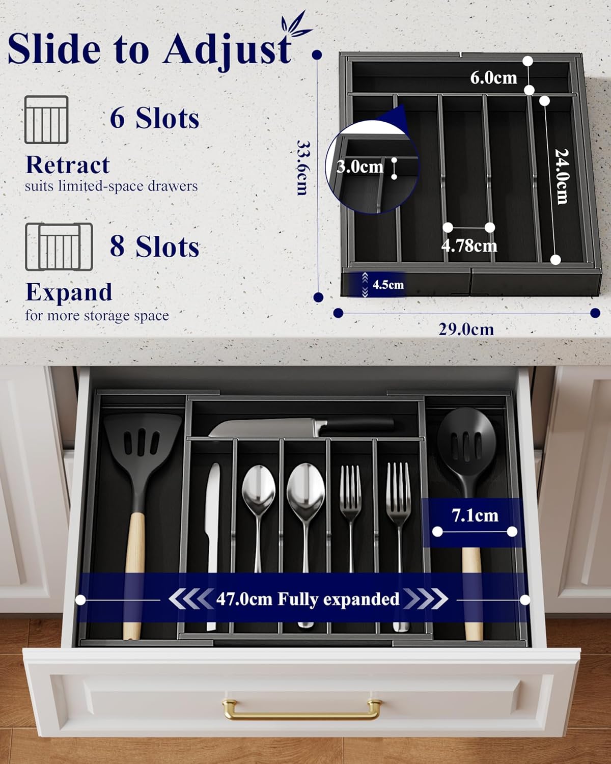Silverware Organizer, Bamboo Kitchen Drawer Tray, Natural, Large | Expandable Drawer Kitchen Organizer, Cooking Utensils & Cutlery, Sturdy & Thickened Design, Storage Solution