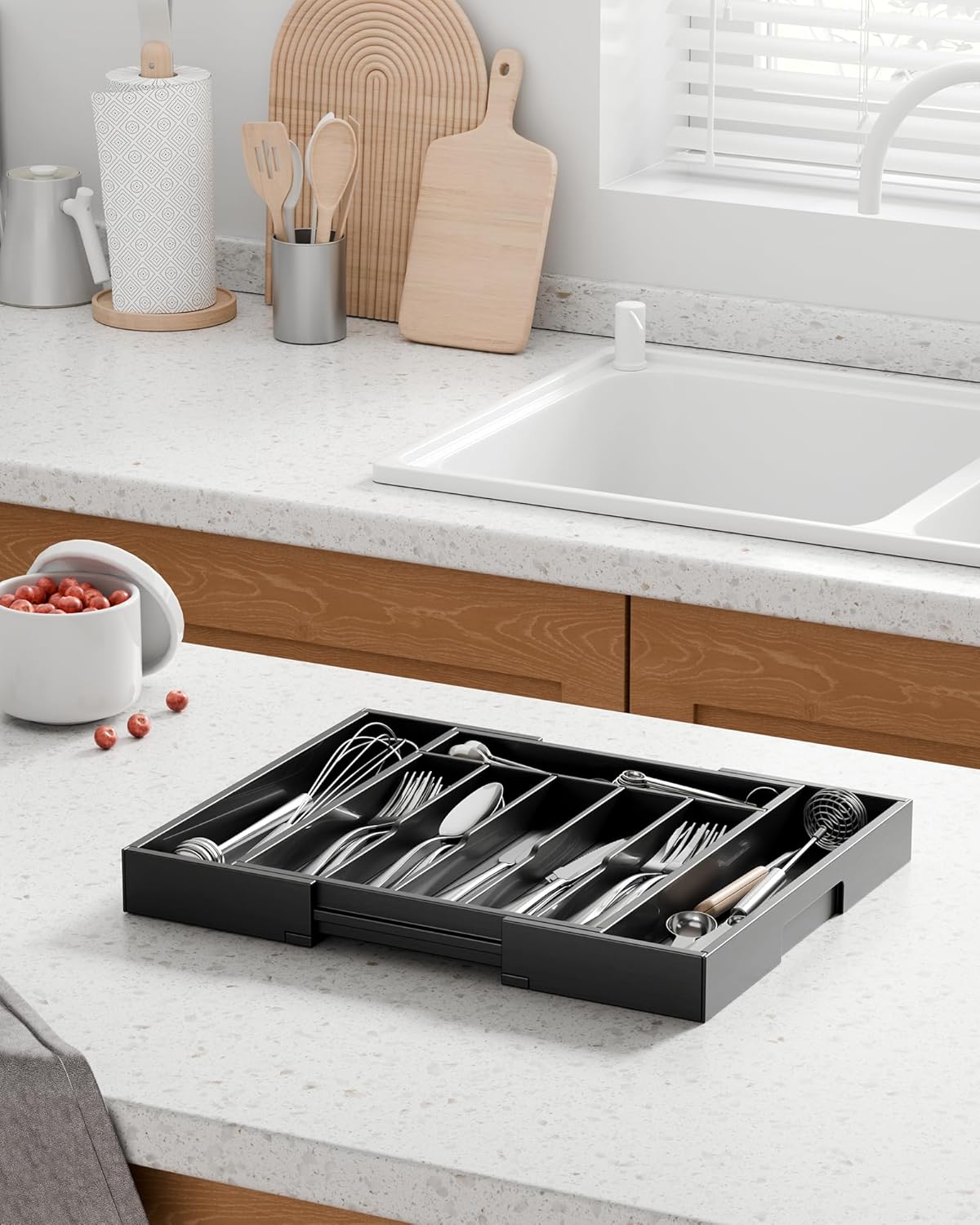 Silverware Organizer, Bamboo Kitchen Drawer Tray, Natural, Large | Expandable Drawer Kitchen Organizer, Cooking Utensils & Cutlery, Sturdy & Thickened Design, Storage Solution