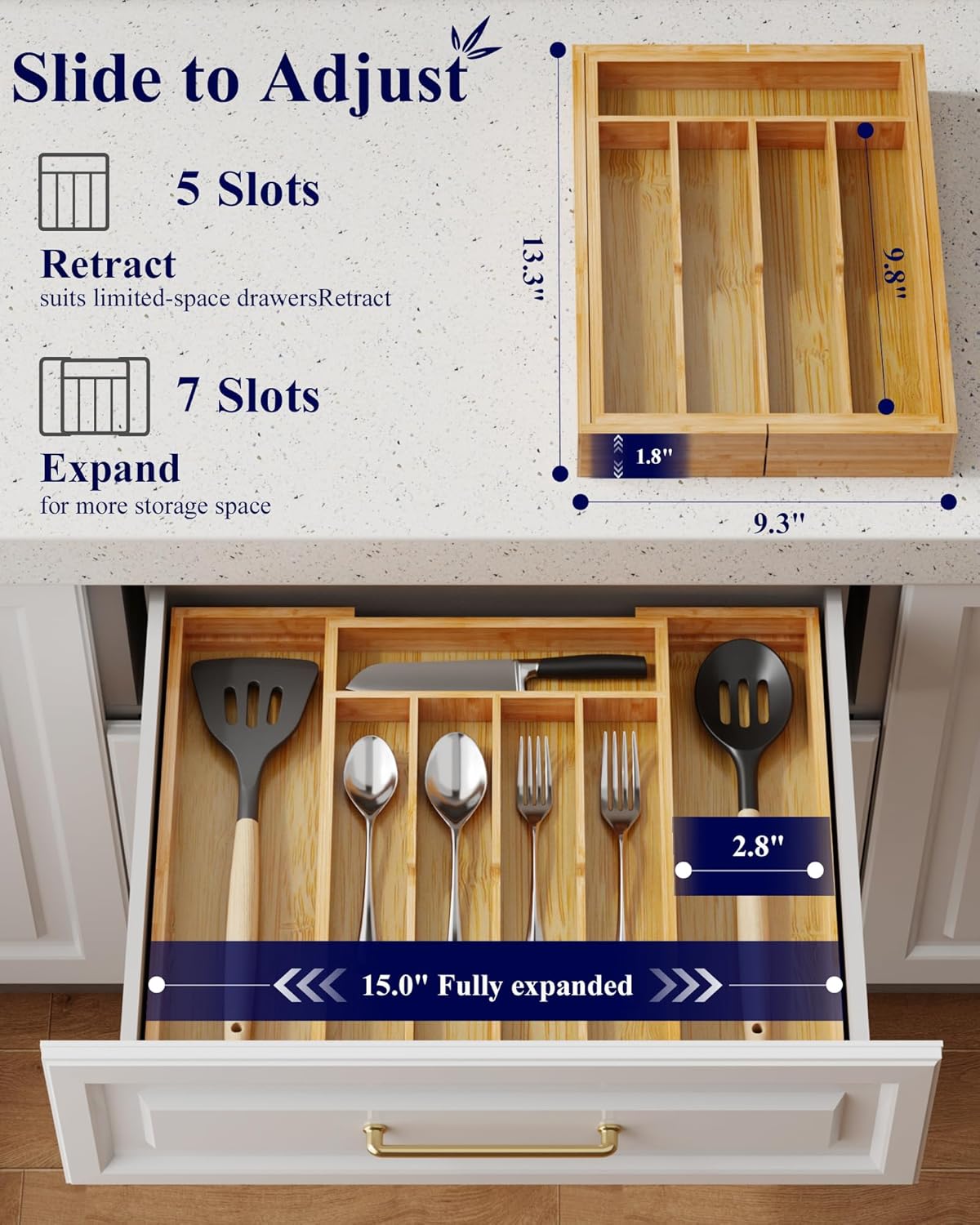 Silverware Organizer, Bamboo Kitchen Drawer Tray, Natural, Large | Expandable Drawer Kitchen Organizer, Cooking Utensils & Cutlery, Sturdy & Thickened Design, Storage Solution