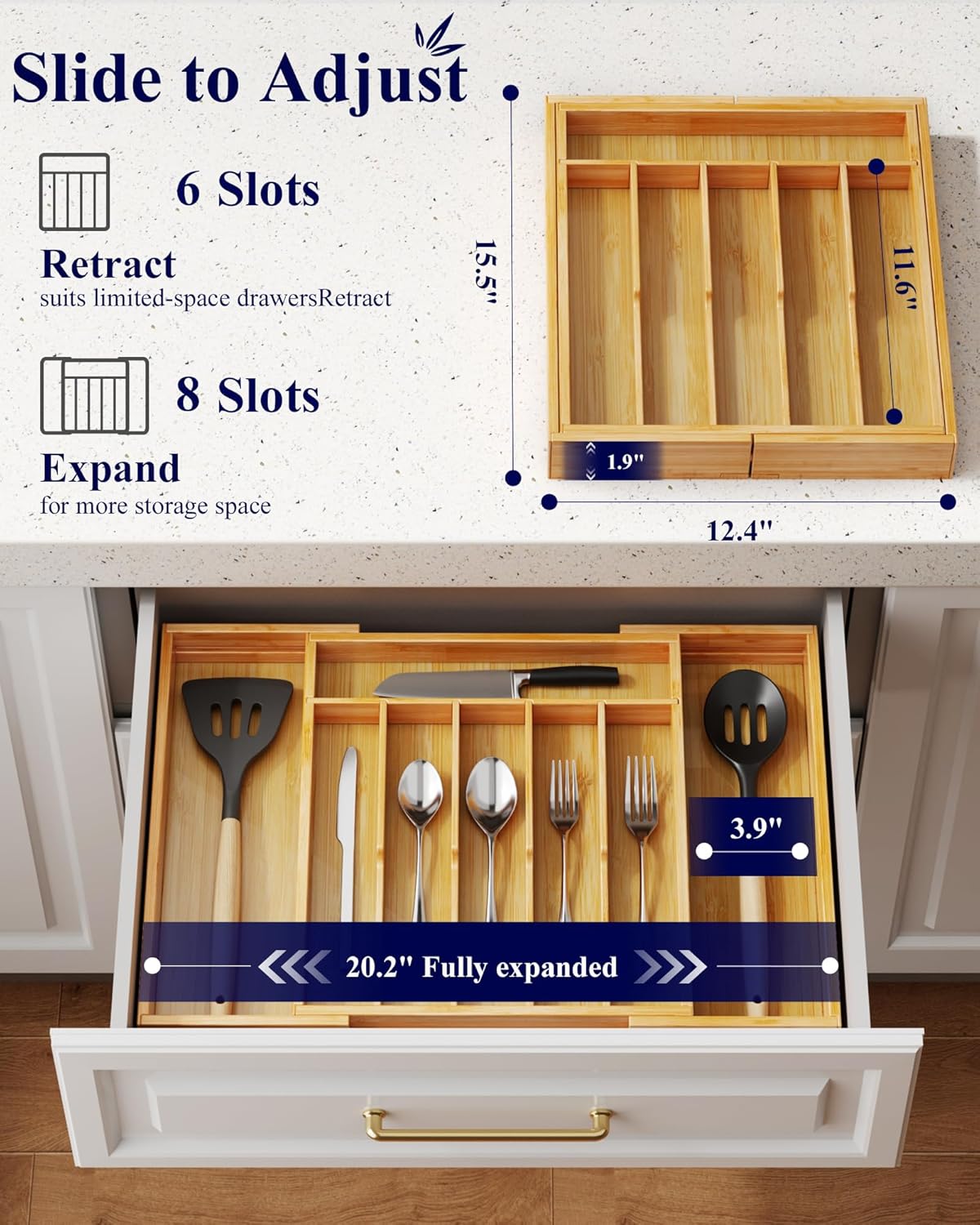 Silverware Organizer, Bamboo Kitchen Drawer Tray, Natural, Large | Expandable Drawer Kitchen Organizer, Cooking Utensils & Cutlery, Sturdy & Thickened Design, Storage Solution