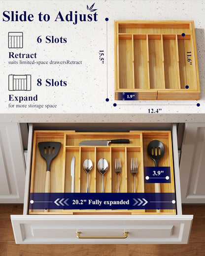 Silverware Organizer, Bamboo Kitchen Drawer Tray, Natural, Large | Expandable Drawer Kitchen Organizer, Cooking Utensils & Cutlery, Sturdy & Thickened Design, Storage Solution