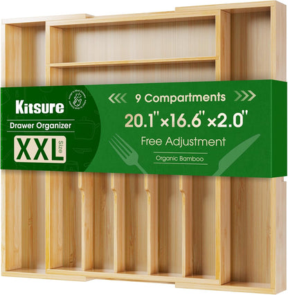 Silverware Organizer, Bamboo Kitchen Drawer Tray, Natural, Large | Expandable Drawer Kitchen Organizer, Cooking Utensils & Cutlery, Sturdy & Thickened Design, Storage Solution