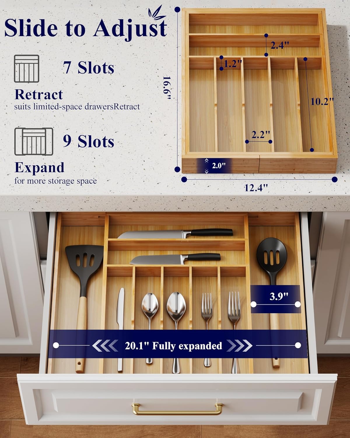 Silverware Organizer, Bamboo Kitchen Drawer Tray, Natural, Large | Expandable Drawer Kitchen Organizer, Cooking Utensils & Cutlery, Sturdy & Thickened Design, Storage Solution