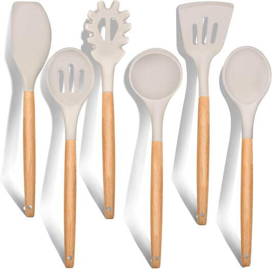 Cooking Utensils Set of 6, Silicone Kitchen Utensils with Wooden Handle, Non-stick Cookware Friendly & Heat Resistant, Includes Spatula/Ladle/Slotted Turner/Serving Spoon/Spaghetti Server(Khaki)