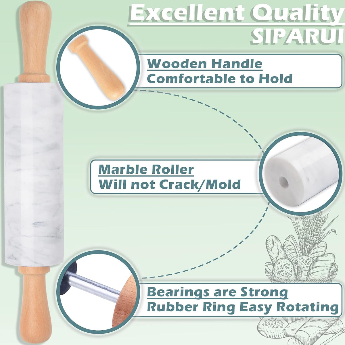 Marble Rolling Pin with Wooden Cradle Thick Handle Set for Baking,18.5 inch Premium Quality Polished Roller for Pizza Dough,Fondant,Pie Crust,Non-Stick Surface Easy to Clean(White)