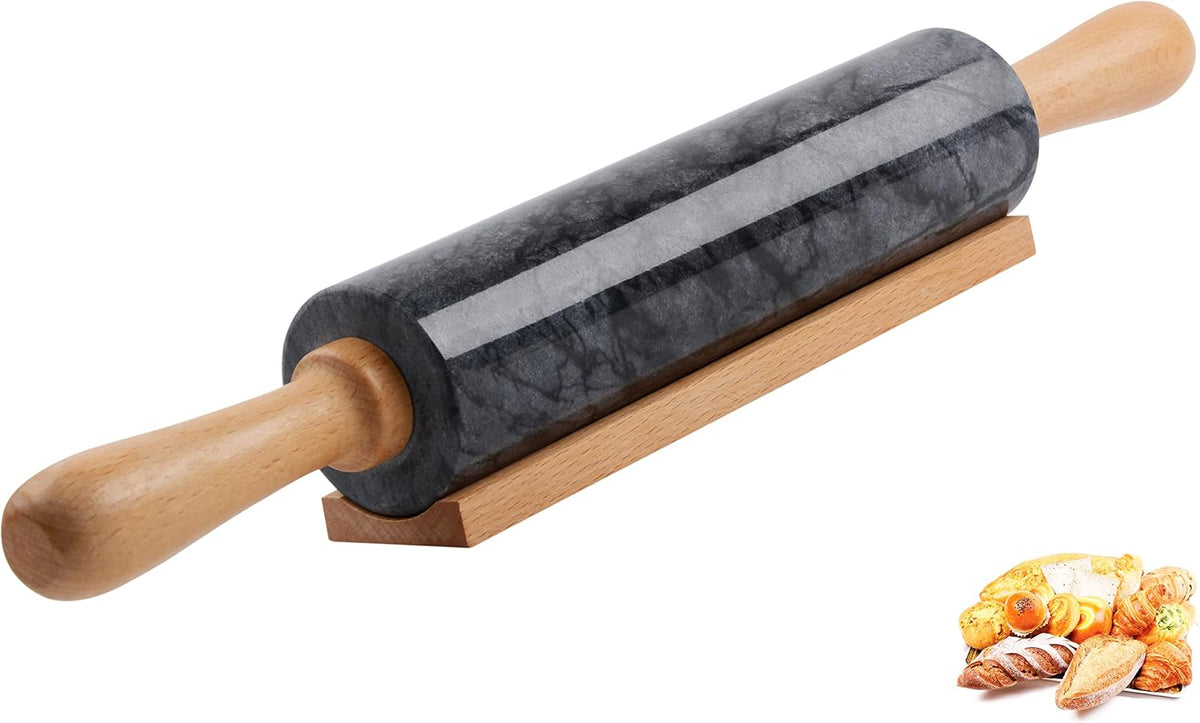 Marble Rolling Pin with Wooden Cradle Thick Handle Set for Baking,18.5 inch Premium Quality Polished Roller for Pizza Dough,Fondant,Pie Crust,Non-Stick Surface Easy to Clean(White)